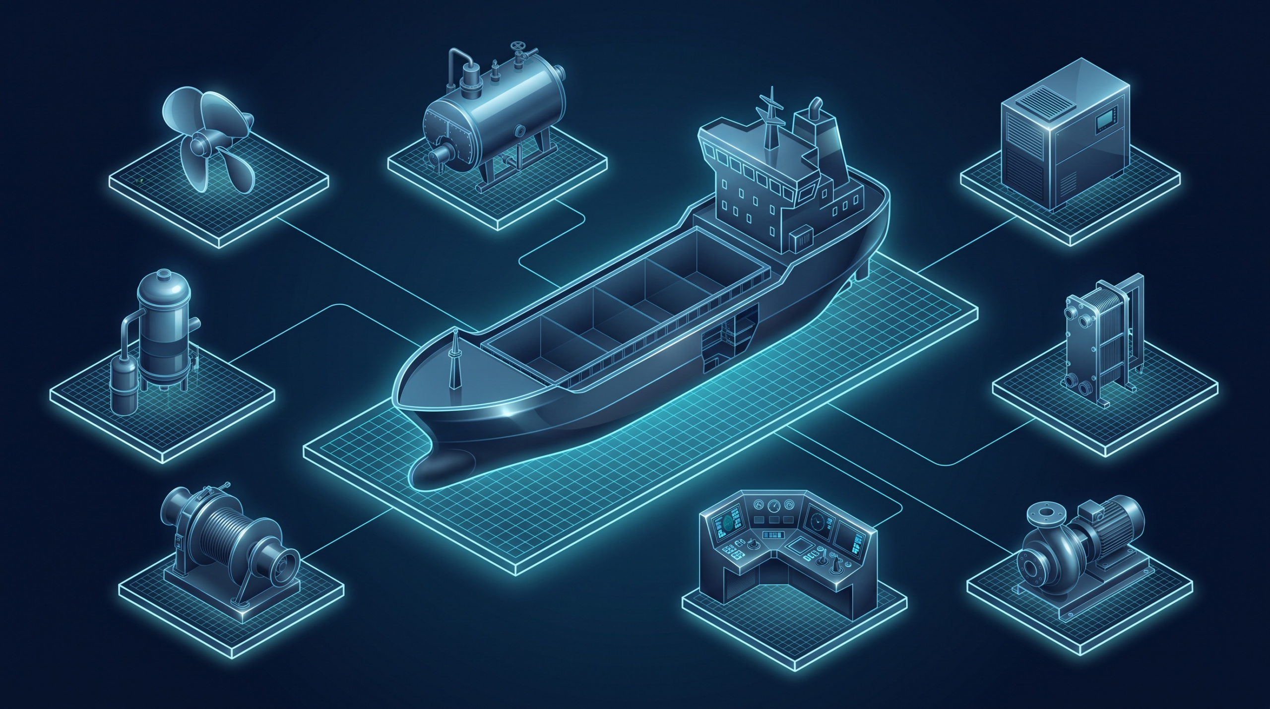 Isometric diagram of marine equipment categories: propellers, boilers, compressors, pumps, heat exchangers, electronics, winches and separators